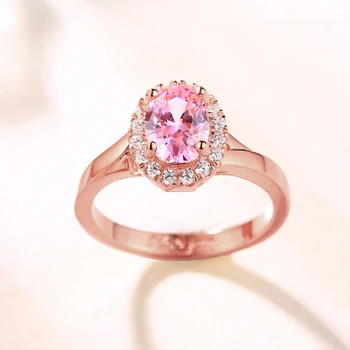 Sprzedaż Hurtowa Srebro Wspaniały Owalny Kamień Halo Pierścień W Kolorze Różowym Złocie Kolor Biżuterii Dla Kobiet