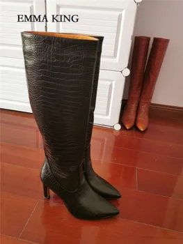Sprzedaż kobiety Aligator szablon kobiety kolana wysokie buty Ostry nosek sztuczna skóra kolana wysokie Боттес 2020 jesień wiosna buty 43