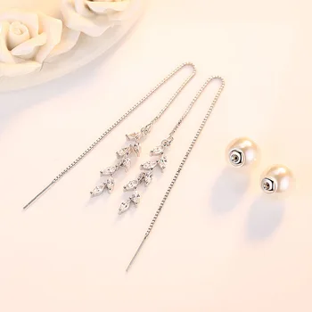Srebro próby 925 moda liść Kryształ lpearl biżuteria kobiece długie kolczyki upadku kobiety, prezent na urodziny drop shipping