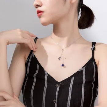 Srebro próby 925 Niebieski Księżyc wisiorek naszyjniki dla kobiet regulowany naszyjnik naszyjnik moda minimalistyczny pędzelkiem Femme biżuteria