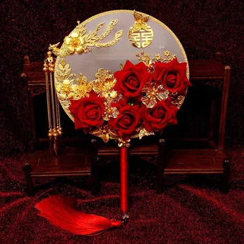 Stare chińskie ślubne ozdobne wachlarze dla panny młodej złoto czerwony panny młodej ręczny ręczny wentylator smok feniks kwiat Pałac odzież wentylator