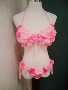[Stoke] Handmade Nowe Kwiaty Święto Halter Sznurowanie Trójkąt Ładny Strój Kąpielowy Sexy Bikini Różowy Kobiety Stroje Kąpielowe Lato Darmowa Wysyłka
