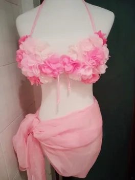 [Stoke] Handmade Nowe Kwiaty Święto Halter Sznurowanie Trójkąt Ładny Strój Kąpielowy Sexy Bikini Różowy Kobiety Stroje Kąpielowe Lato Darmowa Wysyłka