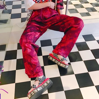 Styl chiński Smok Feniks haft satynowe spodnie hip-hop temat figi femme spodnie punk na dole elastyczny pas