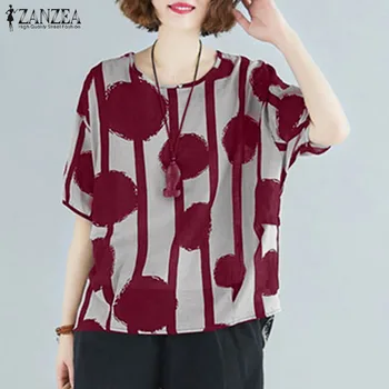 Stylowa O neck Blusas damska drukowana bluzka ZANZEA 2021 koszule z krótkim rękawem damskie bluzki w groszki damskie Letnia tunika