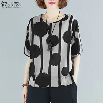 Stylowa O neck Blusas damska drukowana bluzka ZANZEA 2021 koszule z krótkim rękawem damskie bluzki w groszki damskie Letnia tunika