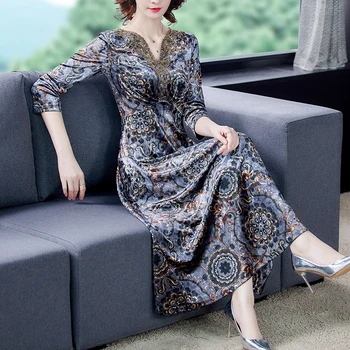 Stylowa odzież damska 2020 Jesień Zima skandynawski styl francuski dorywczo moda Vintage, Złoty aksamit kwiatowy jednoczęściowy Kimono sukienka
