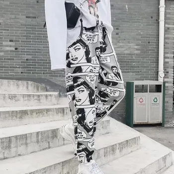 Stylowy Rysunek Druku Sznurek Spodnie Elastyczny Pas Hip-Hop Długie Spodnie Kobiety Harajuku Wysoka Talia Casual Spodnie