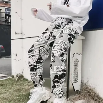 Stylowy Rysunek Druku Sznurek Spodnie Elastyczny Pas Hip-Hop Długie Spodnie Kobiety Harajuku Wysoka Talia Casual Spodnie