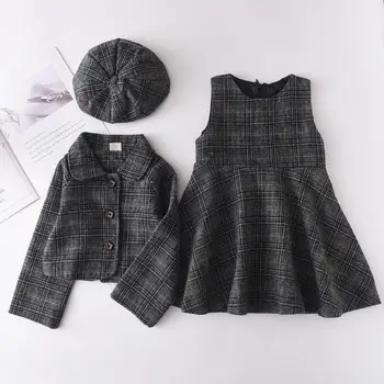 Sukienka dziewczyny 3szt komórkową żakiet+sukienka +berety odzież Dziecięca obuwie dziecięce Kartki odzież eleganckie dziewczyny strój stroje