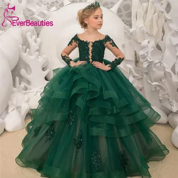Sukienki Do Komunii Luksusowe Zielone Koronkowe Sukienki Z Kwiatowym Wzorem Dla Dziewczyn 2020 Przezroczyste Długie Rękawy Koraliki Koronki Suknia Korowód Sukienka
