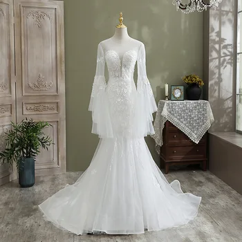 Suknia Ślubna 2021 Klasyczne Prawdziwe Zdjęcia Pełna Rękaw Nadworny Pociąg Koronki Syrena Sukienka Księżniczka Luksus Vestido De Noiva