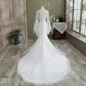 Suknia Ślubna 2021 Klasyczne Prawdziwe Zdjęcia Pełna Rękaw Nadworny Pociąg Koronki Syrena Sukienka Księżniczka Luksus Vestido De Noiva