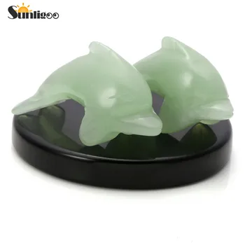 Sunligoo 2 Szt. Naturalny Zielony Nefryt Kamień Uzdrawiające Kryształy Ręcznie Zewnętrzny Delfiny Kolekcjonerska Pomnik Statuetka Miłość Kryształy Prezent
