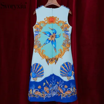 Svoryxiu 2021 New Women ' s Summer Runway Sea Shell Print Dress Manual Crystal Diamond Sleeveless A-Line Short Dresses