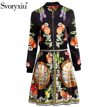 Svoryxiu damska jesienno-zimowa moda lądowisko spódnica strój elegancki cytryny kwiat wydruku czarne kurtki + spódnica zestaw z dwóch części