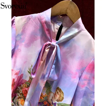 Svoryxiu moda lądowisko Jesienna spódnica strój kobiecy elegancki łuk kołnierz Anioł kwiat wydruku bluzka + spódnica Syrena zestaw z dwóch części