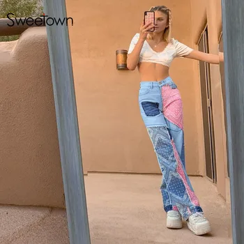 Sweetown Y2K estetyczne niskiej zabudowie dżinsy kobiety vintage wydruku patchwork sztuka uliczna jeansowe spodnie w stylu preppy E Girl spodnie