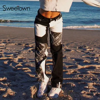 Sweetown Y2K estetyczne niskiej zabudowie dżinsy kobiety vintage wydruku patchwork sztuka uliczna jeansowe spodnie w stylu preppy E Girl spodnie
