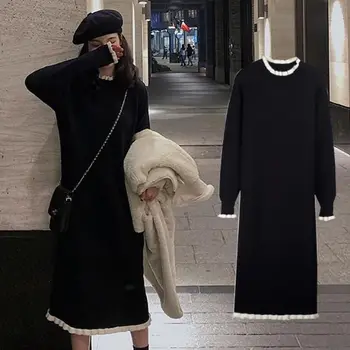 Swetry damskie czarny sweter damski sweter 2020 wolny długie jesienno - zimowe dzianiny sukienka Femme Chandails Pull Hiver