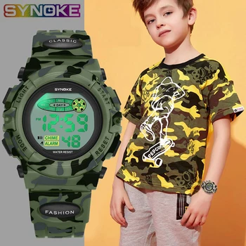 SYNOKE sportowe wojskowe dla dzieci zegar cyfrowy studenckie dla dzieci mody zegarki świecące led sygnalizacja kamuflaż zielony chłopiec zegarek