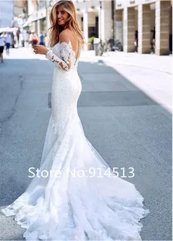 Syrena z długim rękawem suknia ślubna 2020 pełna koronki suknie ślubne z pociągu suknie ślubne Vestido De Noiva