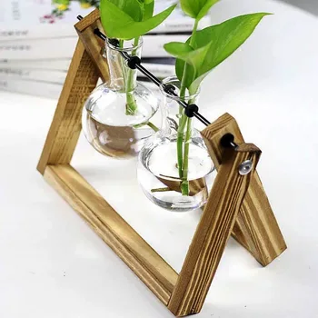 Szklane i drewniane sadzarka terrarium stół tenis Hydroponicznych roślin bonsai doniczka Wiszące doniczki z drewnianą tacą wystrój domu