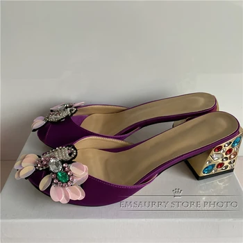 Słodki Kryształ Ptak W Kształcie Kwiat Damskie Sandały Kolorowe Diamentowe Średnie Kwadratowe Obcasy Peep Toe Slingbacks Party Shoes