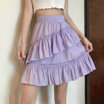 Słodkie bawełniane krótkie spódniczki Cakee elastyczny pas potargane warstwowe spódnice A-line fioletowy biały