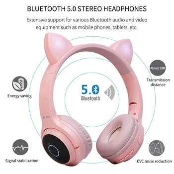 Słodkie kocie uszy słuchawki bezprzewodowe Bluetooth 5.0 Multi-Angle Rotation składane basowe słuchawki do gier do Grils prezent zestaw słuchawkowy z mikrofonem