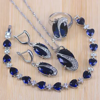 Taśmy kolor biżuteria zestawy dla kobiet bransoletka/naszyjnik/wisiorek/pierścień/kolczyki zaręczynowe zestaw z niebieskimi kamieniami