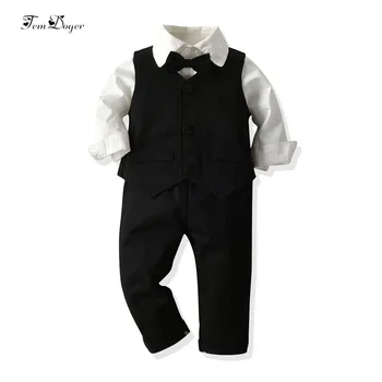 Tem Doger Baby Boy Clothing Sets 2019 dziecięca, odzież dla niemowląt chłopców biała koszula+kamizelka+spodnie 3 szt. stroje Bebes Boy Clothing