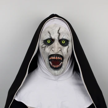 The Nun Horror Mask Scary Voice Led Light Cosplay Valak Scary Latex Mask With Headscarf Full Face Helmet Halloween Party Props