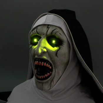 The Nun Horror Mask Scary Voice Led Light Cosplay Valak Scary Latex Mask With Headscarf Full Face Helmet Halloween Party Props