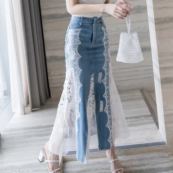 TIYIHAILEY 2021 Fashion Long Maxi Denim And Lace Fish Tail spódnica dla kobiet S-2XL Mermaid Style High Waist Summer