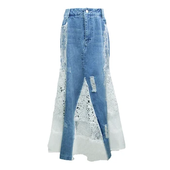 TIYIHAILEY 2021 Fashion Long Maxi Denim And Lace Fish Tail spódnica dla kobiet S-2XL Mermaid Style High Waist Summer
