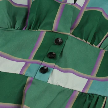 Tonval Button Front High Waist Plaid Vintage Robe Ruched Green Elegant Dress Party Women V Neck Kieszeni Boczne Sukienki Plus Size