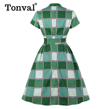 Tonval Button Front High Waist Plaid Vintage Robe Ruched Green Elegant Dress Party Women V Neck Kieszeni Boczne Sukienki Plus Size