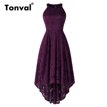 Tonval Purple Long Lace Dress Women Elegant Hollow Shoulder Fit and Flare Dresses High Low Hem Midi Dress