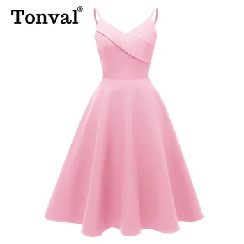 Tonval Vintage Spaghetti Strap Wrap Fit and Flare Solid Swing Dresses Women Party Night Elegant High Waist Cami Dress