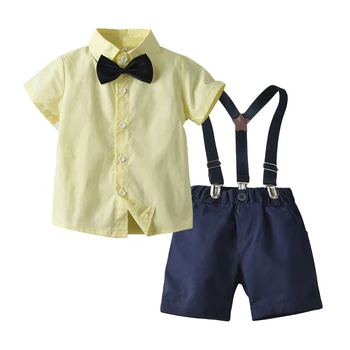 Top and Top Brand Boys Clothes Set Casual Bow Tie Short Sleeve Shirts+Suspender Kids Pants 2Pcs Suit Wedding Party Clothing
