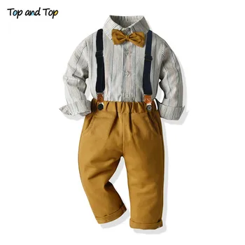 Top i top Jesień Zima dla dzieci chłopcy casual zestaw z długim rękawem koszula w paski-motyl+spodnie szelki Baby Gentleman Outfit
