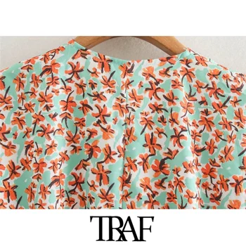 TRAF damska moda kwiatowy print temat skrócone owinięty bluzka vintage z długim rękawem temu kokardką Damskie koszule eleganckie bluzki