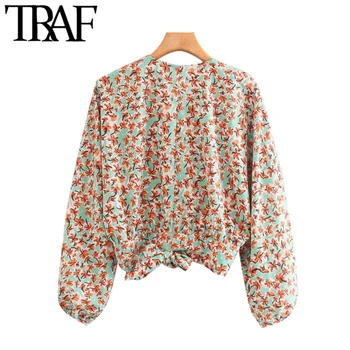 TRAF damska moda kwiatowy print temat skrócone owinięty bluzka vintage z długim rękawem temu kokardką Damskie koszule eleganckie bluzki
