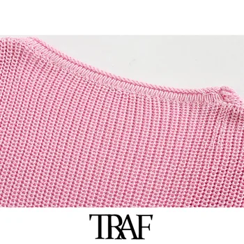 TRAF moda damska prążkowane wykończenia skrócony z dzianiny sweter vintage V neck trzy czwarte rękawy damskie swetry modne topy