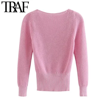 TRAF moda damska prążkowane wykończenia skrócony z dzianiny sweter vintage V neck trzy czwarte rękawy damskie swetry modne topy