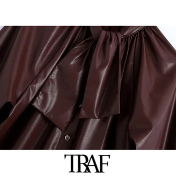 TRAF odzież damska z kokardą sztuczna skóra bluzka Vintage wysokiej szyi z długim rękawem koszule Damskie Blusas eleganckie bluzki