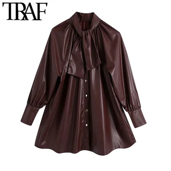 TRAF odzież damska z kokardą sztuczna skóra bluzka Vintage wysokiej szyi z długim rękawem koszule Damskie Blusas eleganckie bluzki