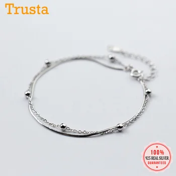 Trusta 925 Solid Real Sterling Silver Fashion Jewelry Double Layer Beads bransoletki 16 cm dla kobiet dziewczyn Fine Jewelry DS1117