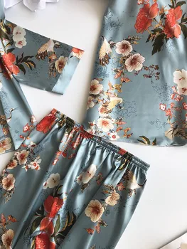 Trzy części/zestaw panie jedwabne piżamy Damskie wygodne wiosna lato druku dojrzałe seksowne piżamy zestaw stałych satynowej jedwabistego пижам